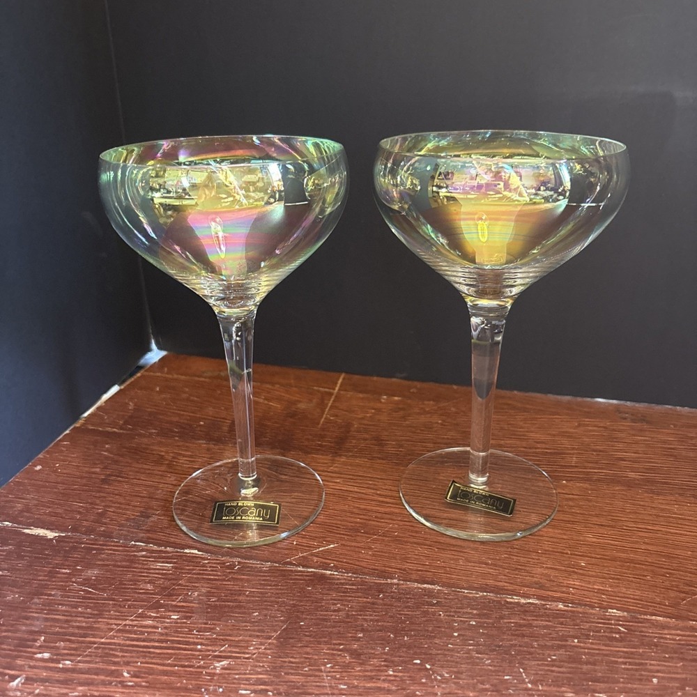 Set of 2‎ Toscany Iris Lustre Iridescent Low Sherbet Champagne Coupe Glasses NWT
